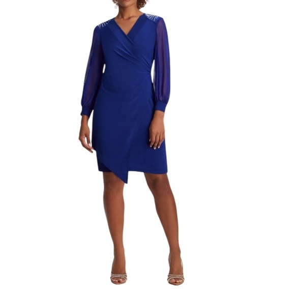Laura Plus Shoulder Embellished Faux Wrap Dress Royal Blue Split Sleeves 14 - Picture 1 of 15